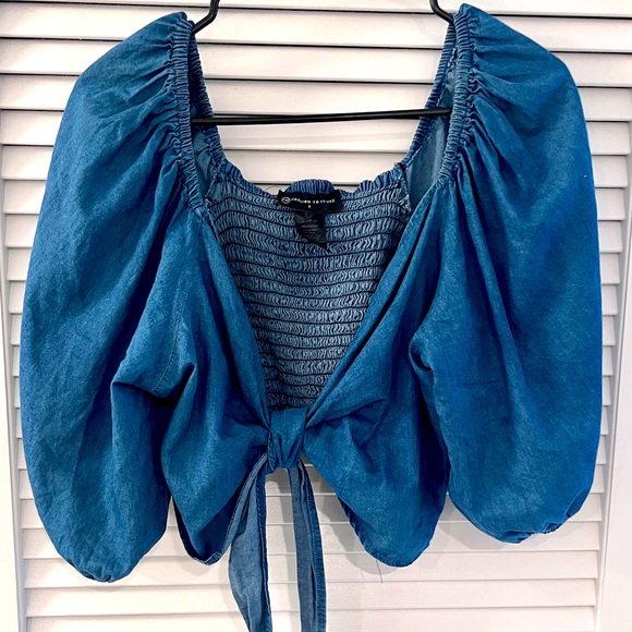 Plus Sz 1X Bow Front Tie Denim Crop Top 100% Cotton - Picture 1 of 12